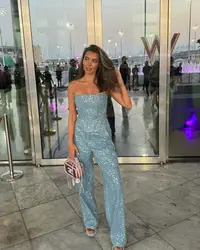 Fashion Sequins Denim Set Women Strapless Tunic Waist Crop Top and Wide Leg Pant Suit 2024 New 2 Piece Sets Outfits Tracksuit