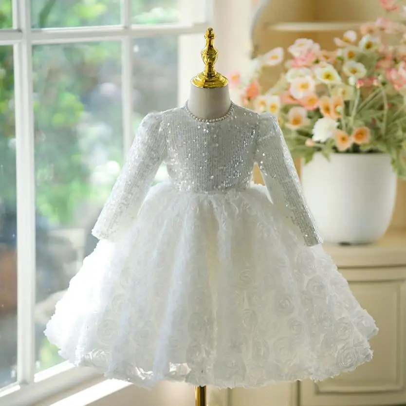 

High-End Children's Princess Evening Gown Bow Sequins Flower Design Wedding Birthday Catwalk Party Eid Girls Perform Dress a3555