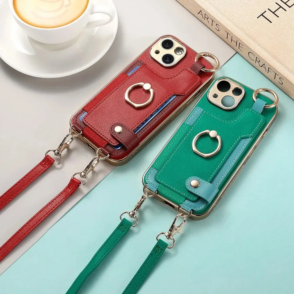 

For IPhone 15 14 Plus 13 12 11 Pro Max Plating Phone Case Wrist Strap Ring with Long Lanyard & Short Hand Rope PU Leather Cover