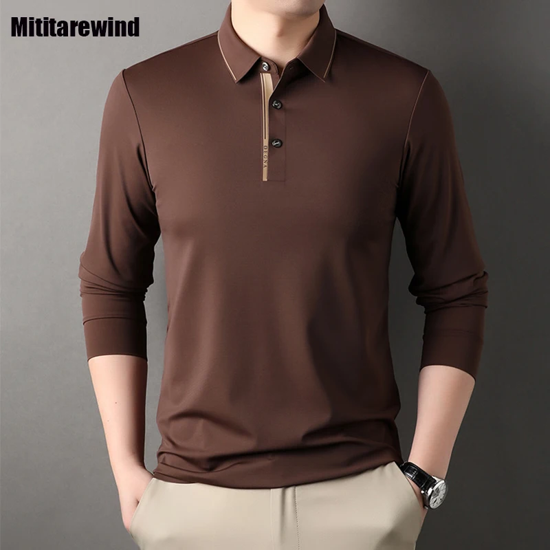 Spring Fall New Mens Polo Shirts Causal Long Sleeve Solid Anti-wrinkle Lapel Tshirt Middle-aged Men Luxury Designer Clothing