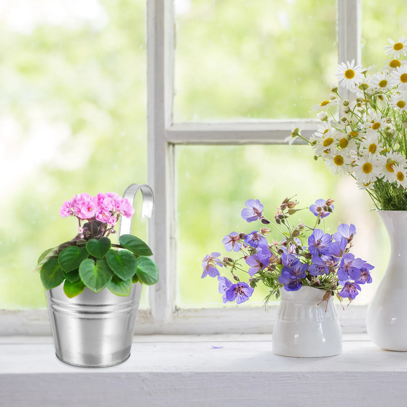 Iron hanging flower buckets for balcony gardeners to save balcony space 2 pcs silver metal pots