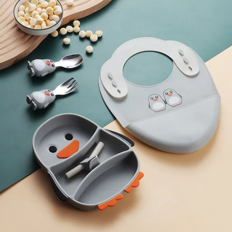 Cartoon Children's Penguin Dining Plate Set Sucker Type Silicone Animal Bowl Fork Spoon Baby Split Supplementary Food Tableware