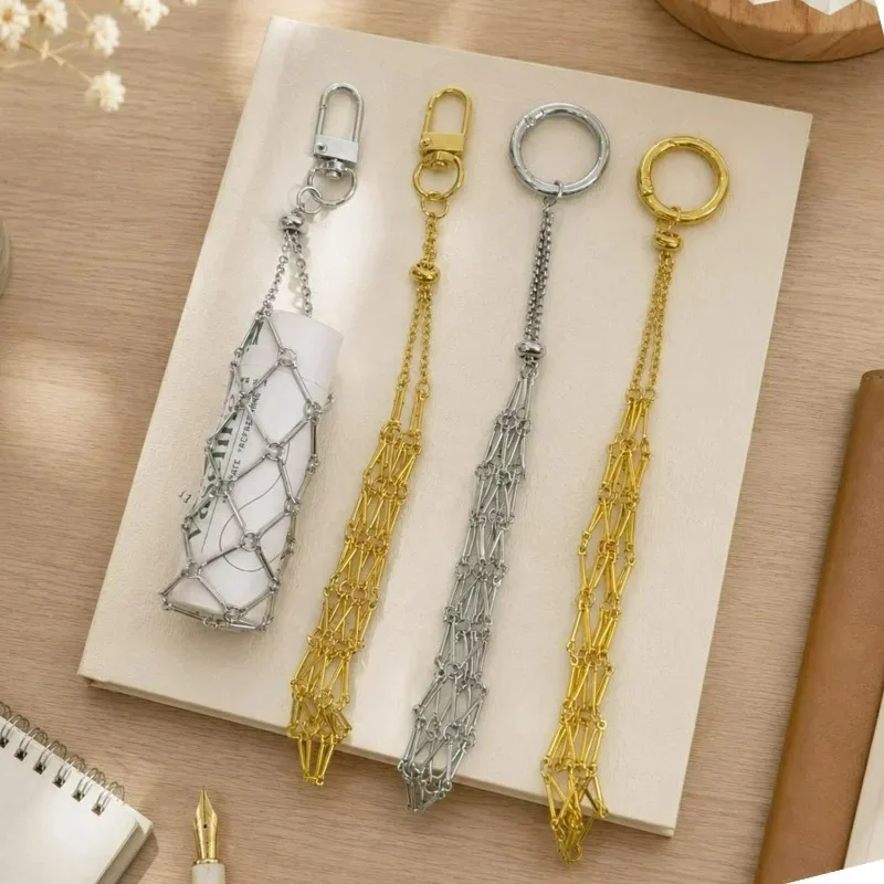 Portable Mesh Metal Net Bag for Women Universal Light Weight Golden Lipstick Cover Key Ring Makeup Storage Hollow Mesh Keychain view 3