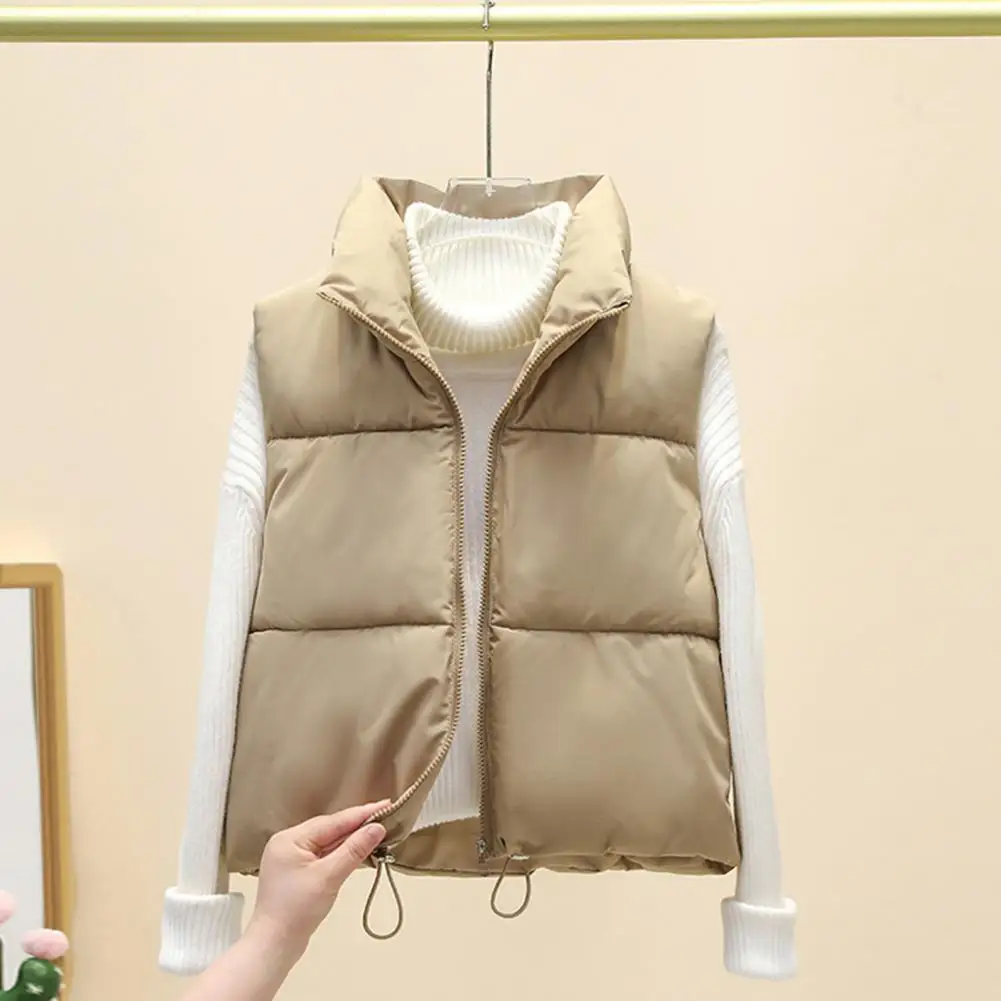 Solid Color Vest Coat Women's Winter Padded Vest with Zipper Closure Stand-up Collar for Outdoor Activities Thickened Down Coat