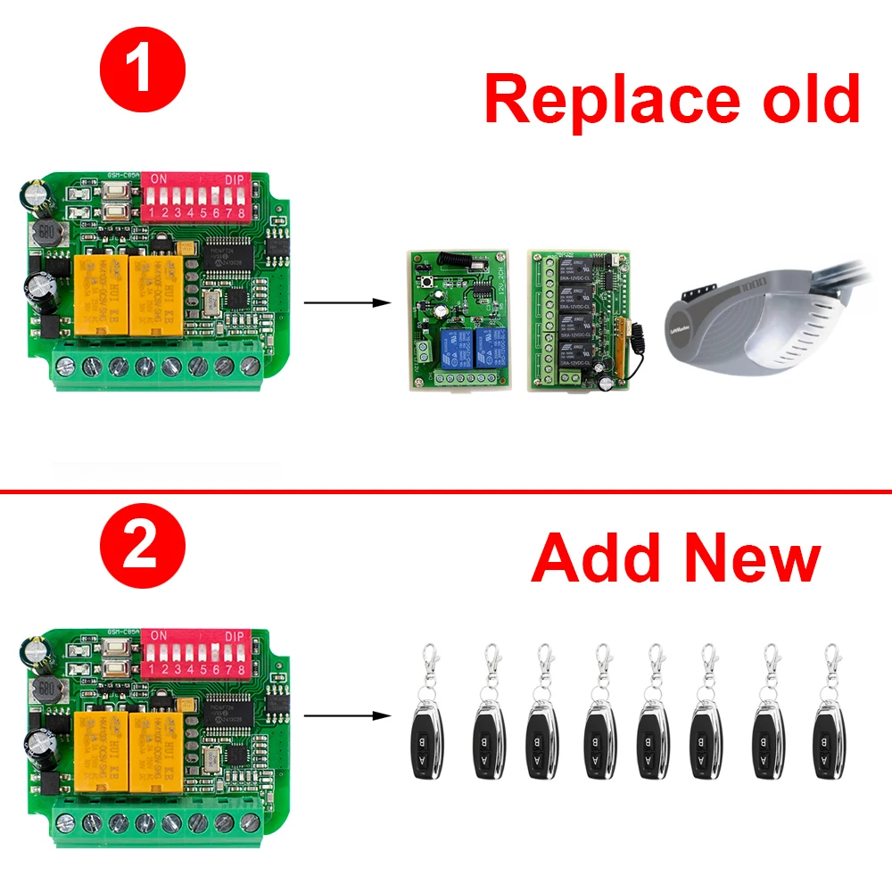 ประตูโรงรถตัวรับสัญญาณ AC/DC 9 V-30 V 12V 24V 85-250V 2CH 300MHz ถึง 868MHz 433MHz รีโมทคอนโทรลรีเลย์โมดูล