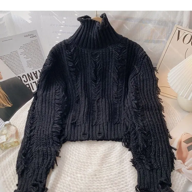 High Collar Pullovers Women Summer Woman Sweaters Long Sleeve Hollow Out Short Fashion Sweaters Tricot Knitted