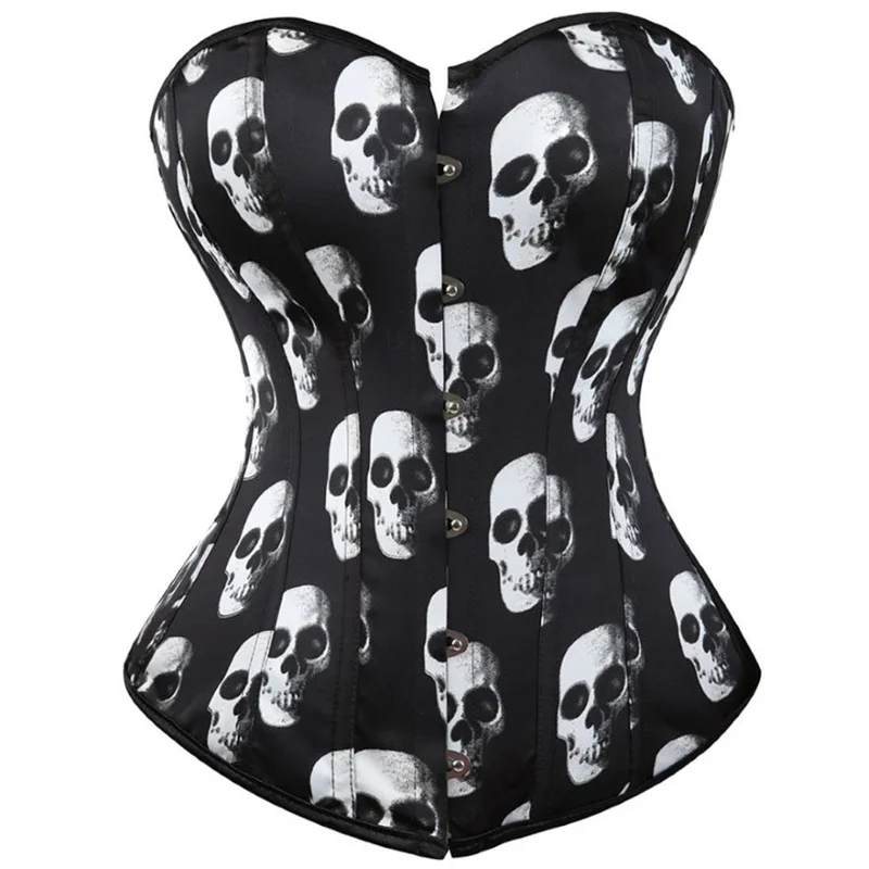 Women Gothic Skull Print Overbust Corset Waist Trainer Body Shaper Slim Corset Sexy Bustier Top Plus Size