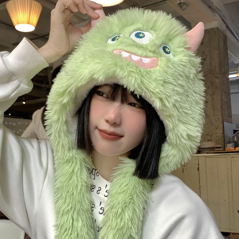 Cute and Funny Plush Monster Trapper Hat Female Winter Warm Thick Cold Fluffy Earflap Cap Cartoon Ugly Cute Earmuffs Bomber Hat