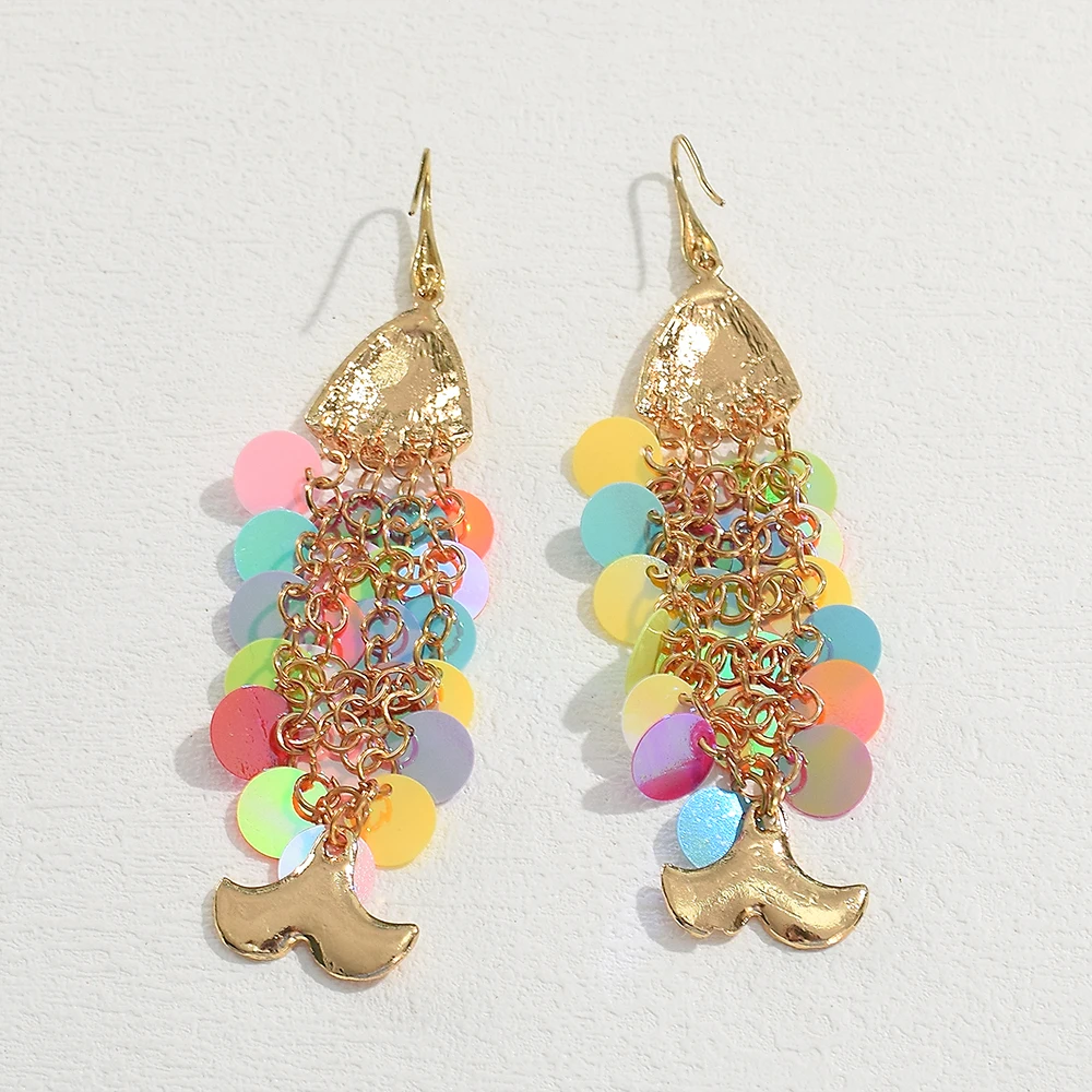 Vintage Colorful Shell Fish-shaped Tassel Drop Earrings for Woman Creative Handmade Fish Scale Long Dangle Earrings Jewelry