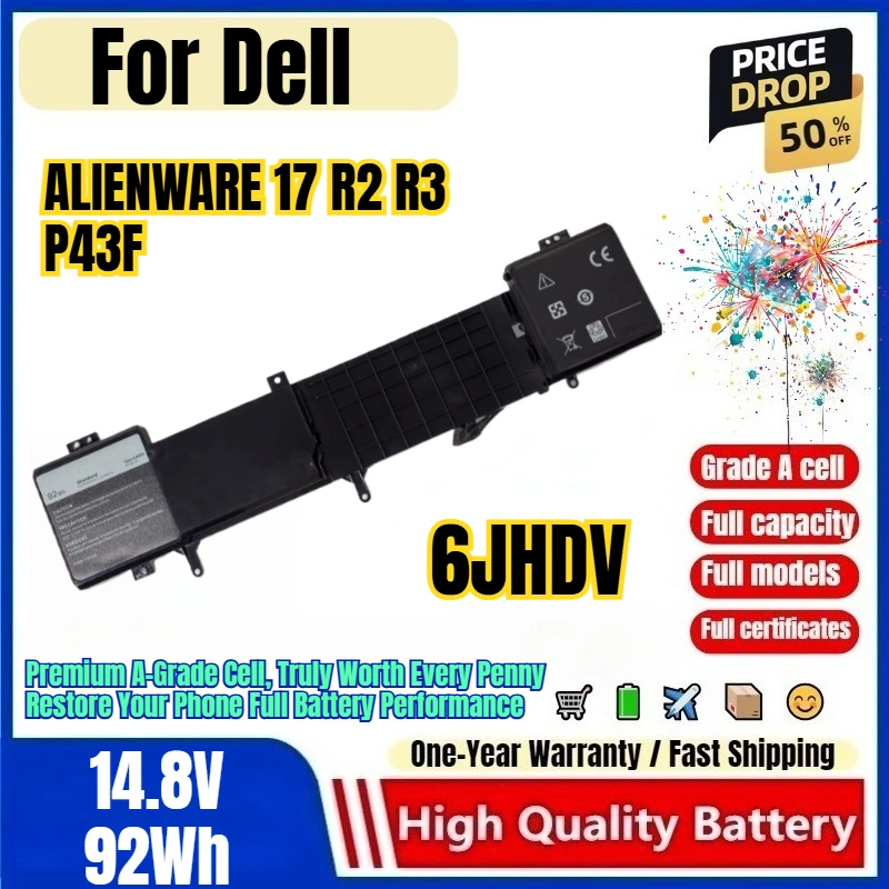 6JHDV for Dell  ALIENWARE 17 R2 R3 P43F Laptop Battery 0 cycle high quality capacity battery replacement Bateria Grade A cell