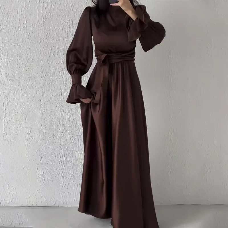 Lotus Sleeve Dress for Women Casual Slim-fit Dress with Belted Waist Abaya Dubai Luxury Turkey Islam Muslim Dress Women Kaftan