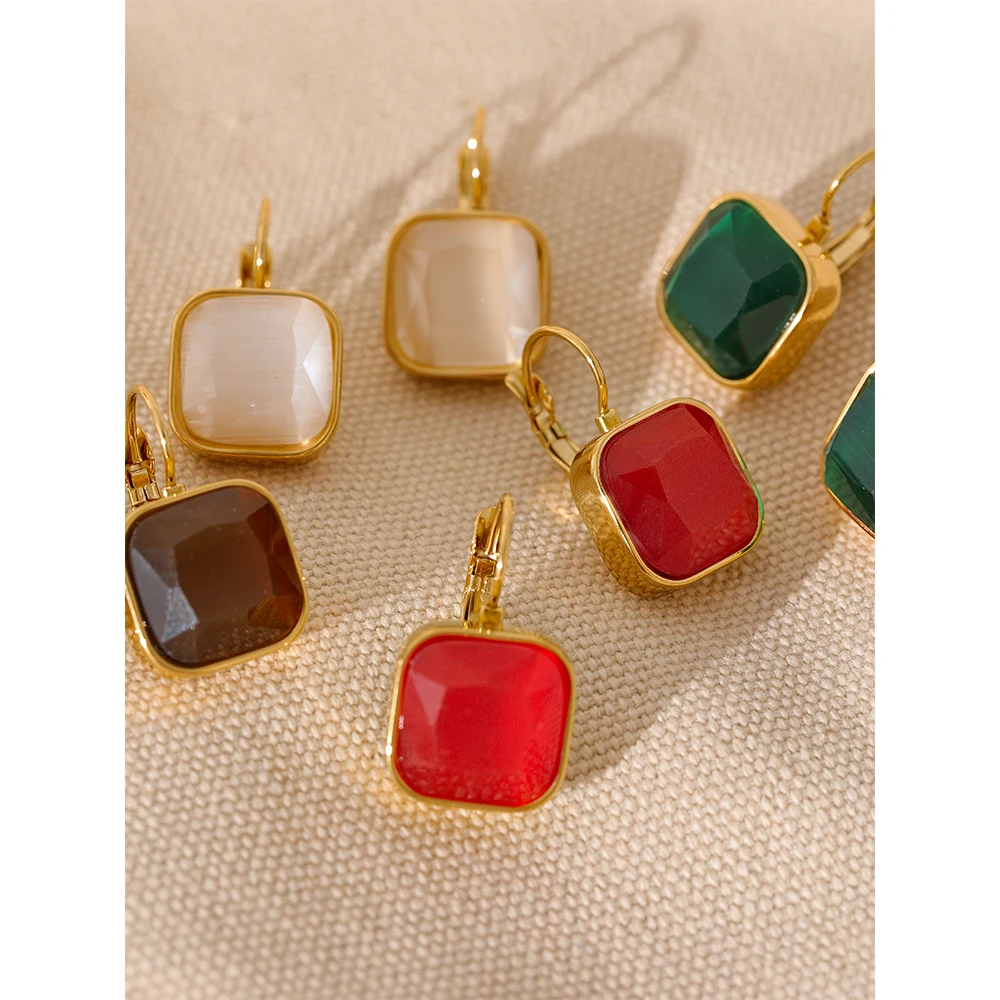 Yhpup Delicate Colorful Vintage Charm Square Opal Stone French Hook Earrings Stainless Steel 18k Gold Plated Waterproof Jewelry