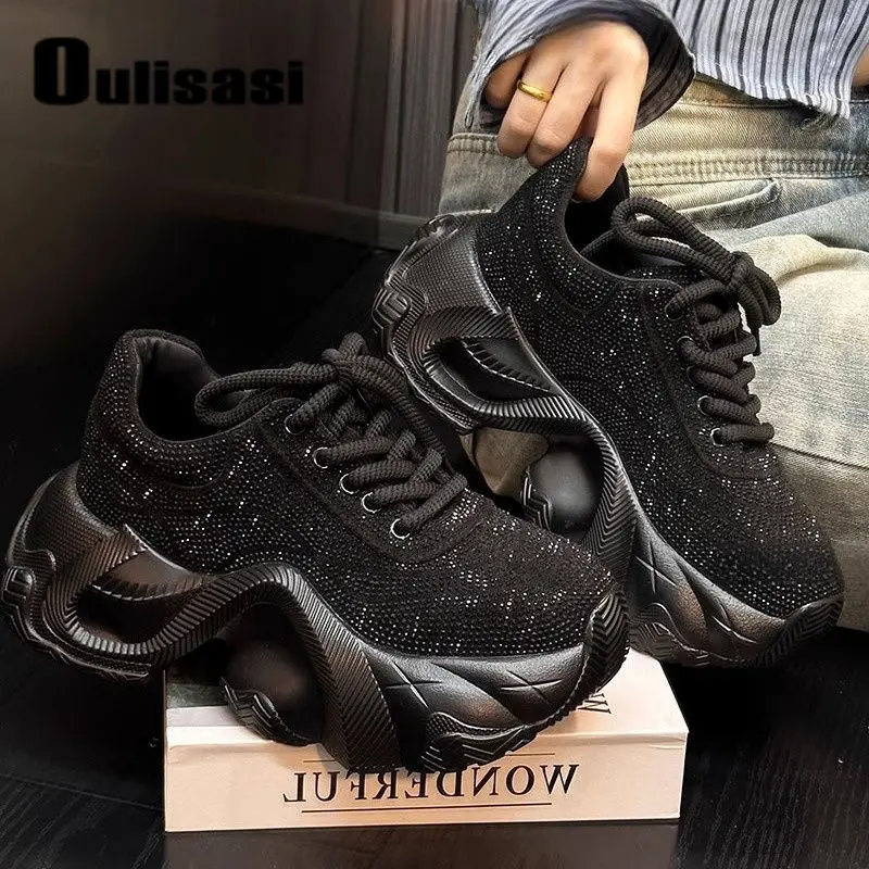 Full Diamond Female 2024 New Rhinestone Fashion Round Toe Platform Thick Bottom Casual Sneaker Dad Shoes Women