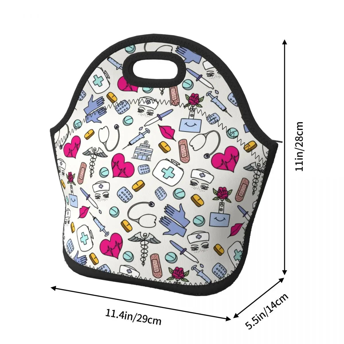 Nursing Pattern Nurse Portable Neoprene Lunch Boxes for Women Health Care Cooler Thermal Food Insulated Lunch Bag Office Work