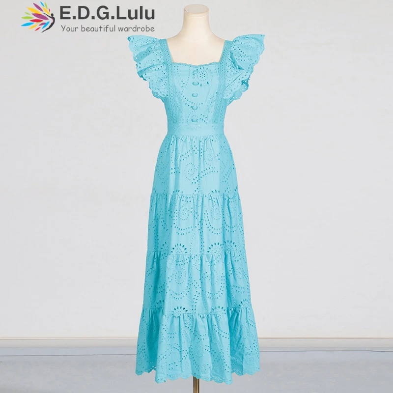 EDGLuLu Bohemia Square Collar Flying Sleeve Casual Women's Dresses Beach Vacation Hollow Embroidery Lace White Long Dresses 1223