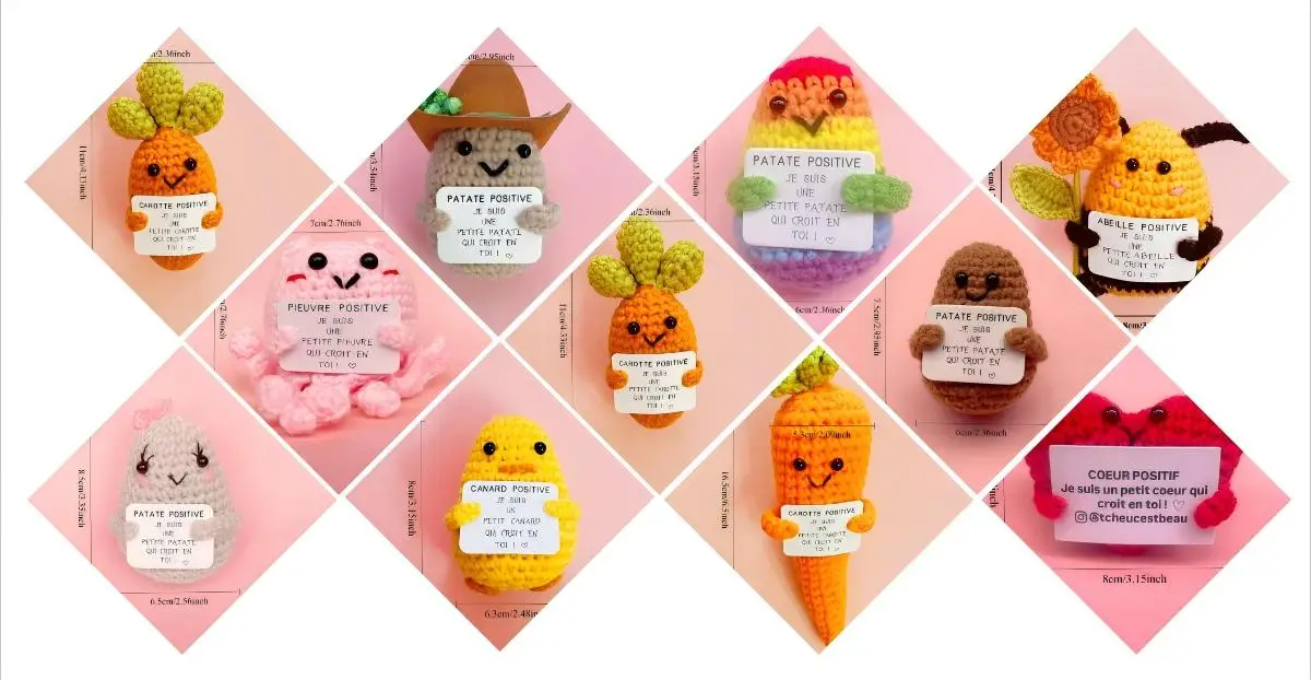 Französische Strickwaren mit positiven Kartoffeln – Tischdekoration, Autozubehör, geschmücktes Haus und Geschenk voller Vitalität – Detail 5