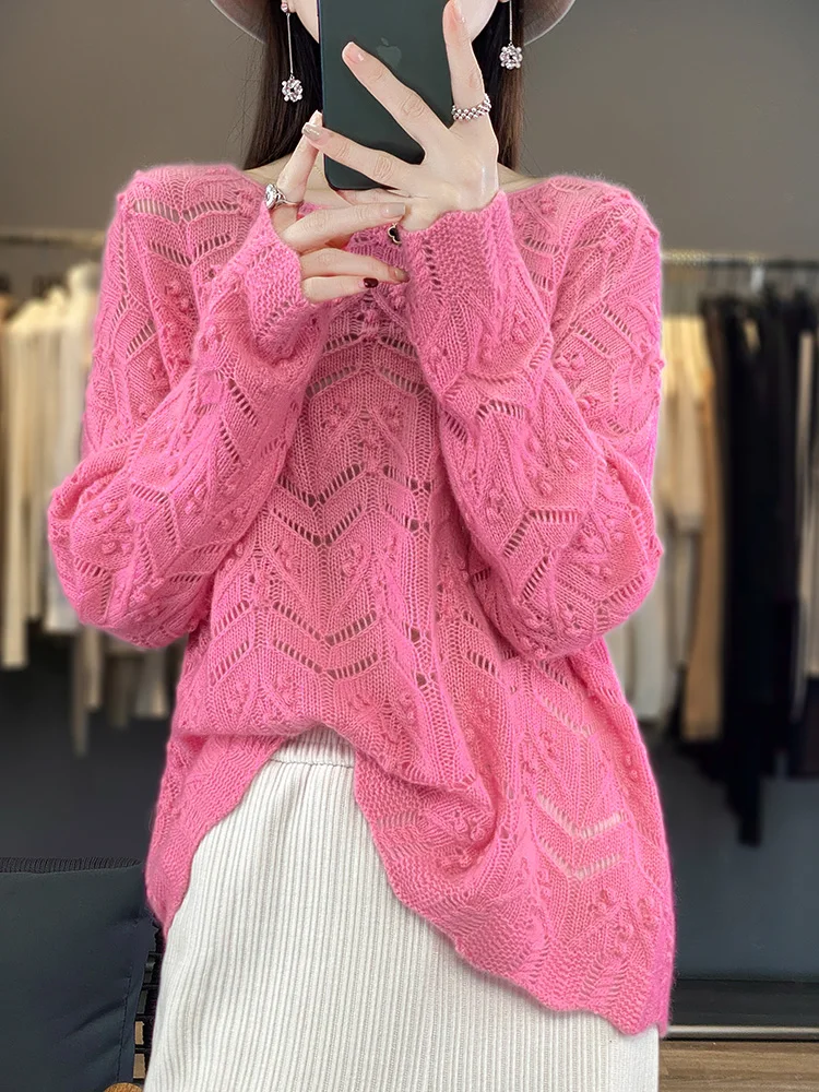 Hollow Out Oversize Women\'s Sweater 100% Merino Wool Pullovers Long Sleeve Jacquard New Light Luxury Cashmere Outerwears Fashion