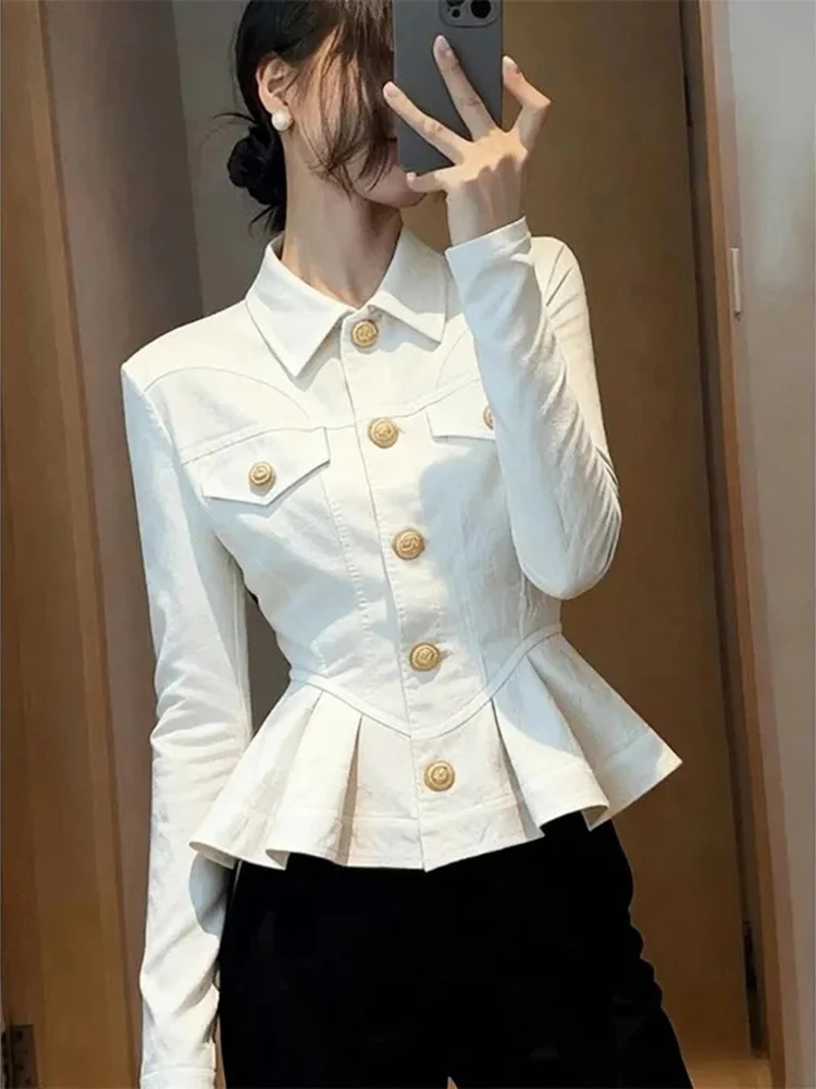 

Slim Fit Button Cropped Shirts Women Long Sleeve Folds Office Lady New Blouse Y2K Harajuku Streetwear Solid Simple Short Tops
