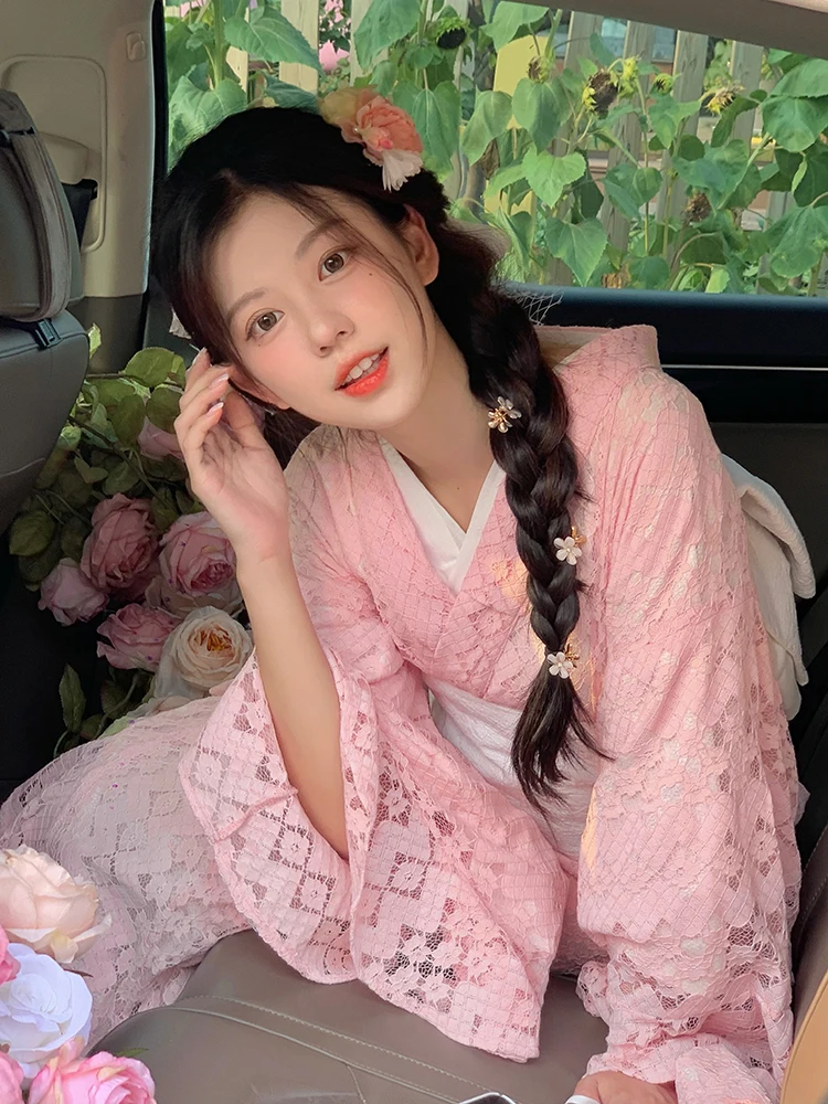 Women's Taisho Romantic Pink Lace Yukata Japanese Style Sweet Lolita Kimono with Ruffles Anime Cosplay Dress
