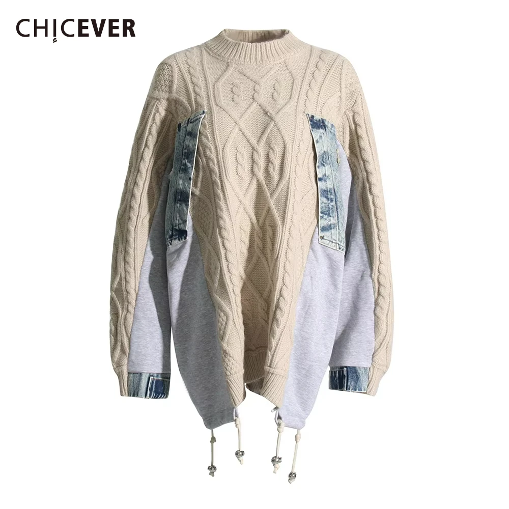 

CHICEVER Casual Plus Size Spliced Denim Sweater for Women Stand Collar Long Sleeve Knitwear with Drawsting Female Fashion Style