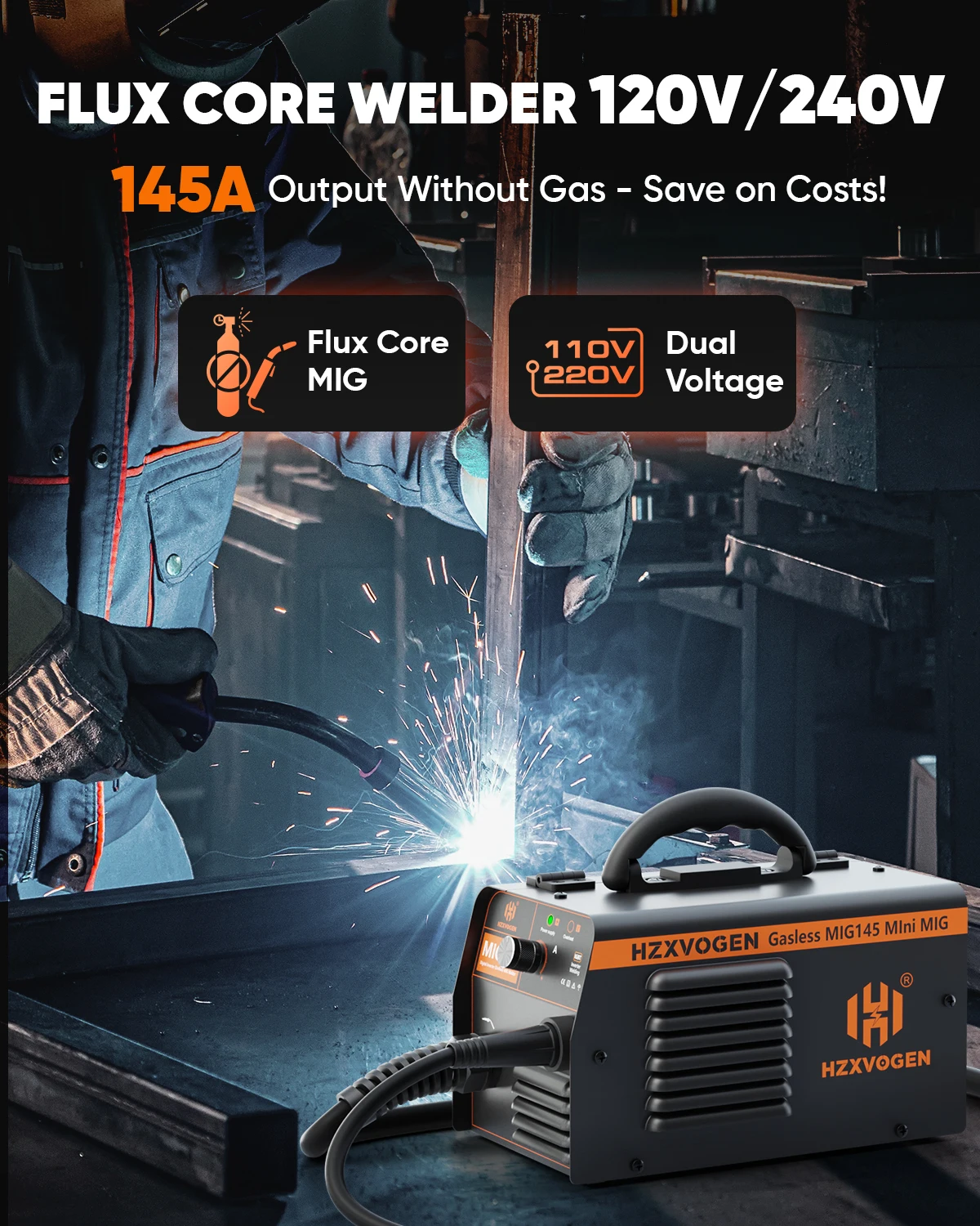 HZXVOGEN MIG145 Welding Machine 110V/220V Semi-automatic MIG Welding Machine For Gasless Iron Soldering Portable Inverter Welder