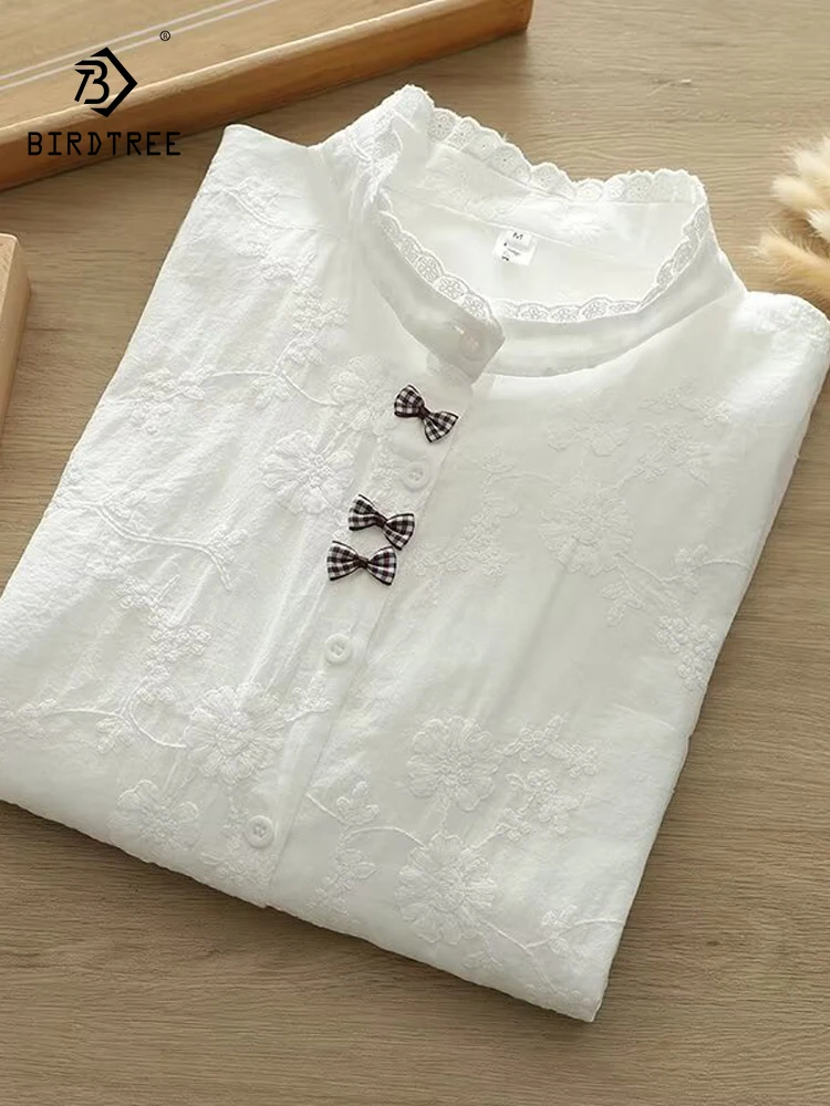 

New 2026 Spring Women Cotton Long Sleeve Shirt, Stand Ruffles Embroidery, Mori Girl French Bow OL Commute Loose Blouse T63261CC