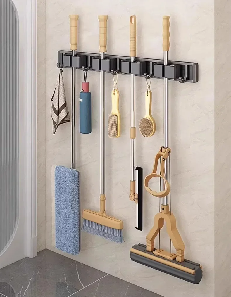 Organizer für Mopp und Besen, Mopphalter, Rack, Mopphalter, Wandmontage, starker Besen, Mopphalter, selbst, mit 5-Haken, Organizer zum Aufhängen von Besen – Detail 9