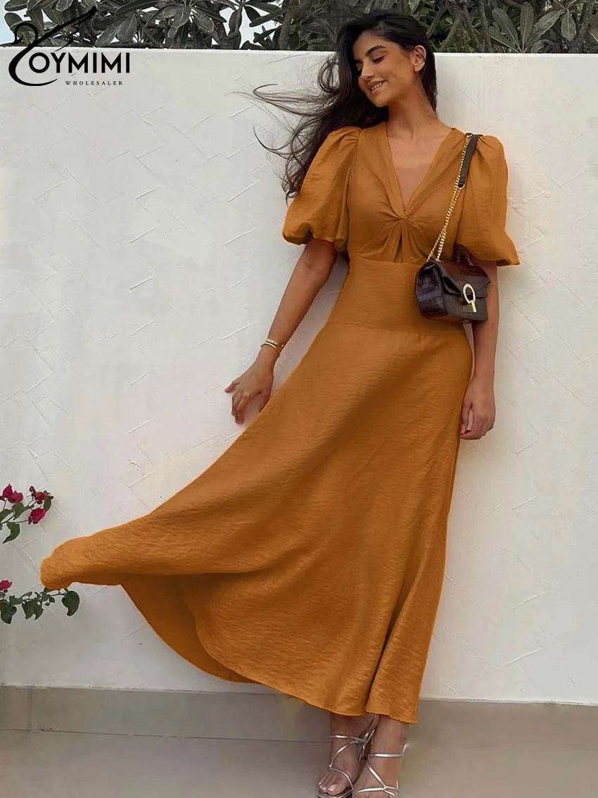 Oymimi Casual Orange V-Neck Women\'s Dress Fashion Short Sleeve High Waisted Dresses Elegant Straight Ankle-Length Dresses Female