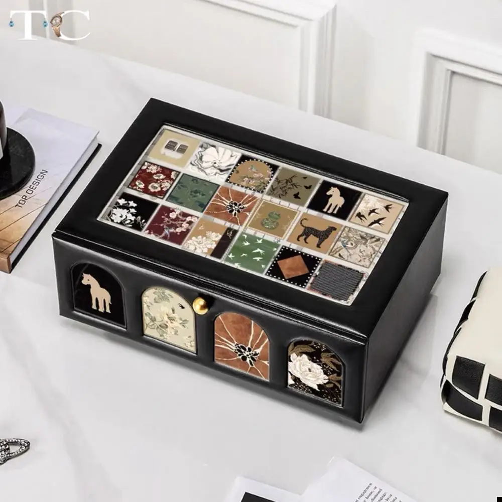Vintage Patchwork Leather Jewelry Box for Rings Earrings Necklaces Pendants Bracelets Large-Capacity Double-Layer Storage Box