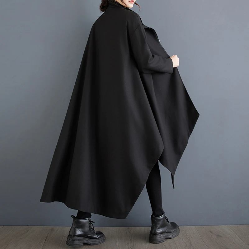 

k Sle Casual Long Coat Autumn Winter Vintage Collar Zipper Pure Color Faionable Briti Sle Asymmetrical Coat
