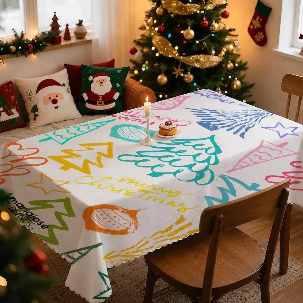 Cute Hand Drawn Christmas Table Cloth Rectangular Tablecloth Indoor Outdoor Picnic Dining Table Cover Home Decor
