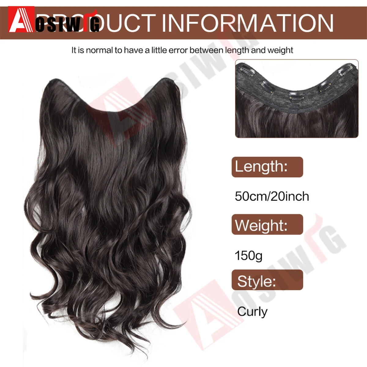 20Inch Synthetic Long Wavy Curly 5 Clip in Hair Extension Fashion Invisible V-shaped Heat Resistant Black  Hairpiece for Women