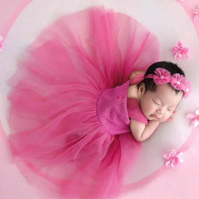 Newborns Celebration Dress Breathable Tulle with Headband Baby Photography Props Drop shipping