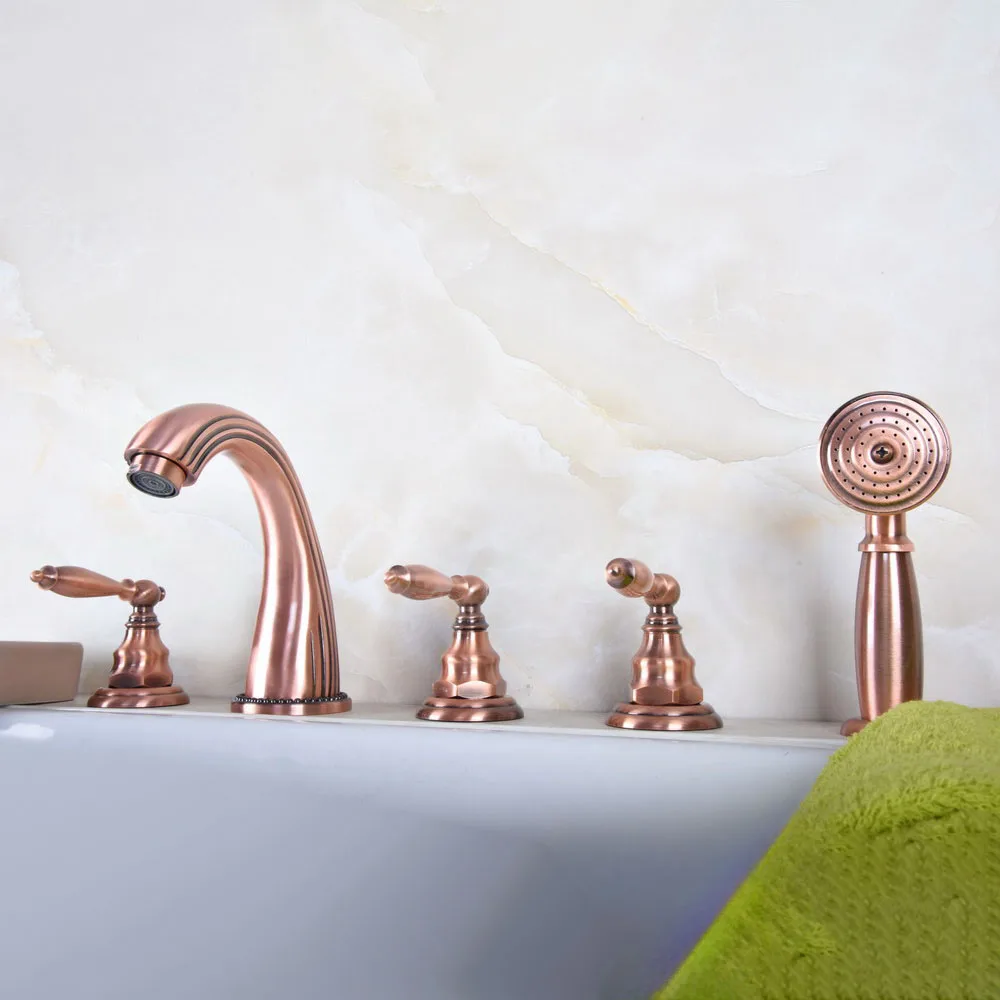 Antique Red Copper Bathroom Roman Tub Faucet Widespread 5pcs Tub Mixer Tap Deck Mounted with Hand Shower Ntf185