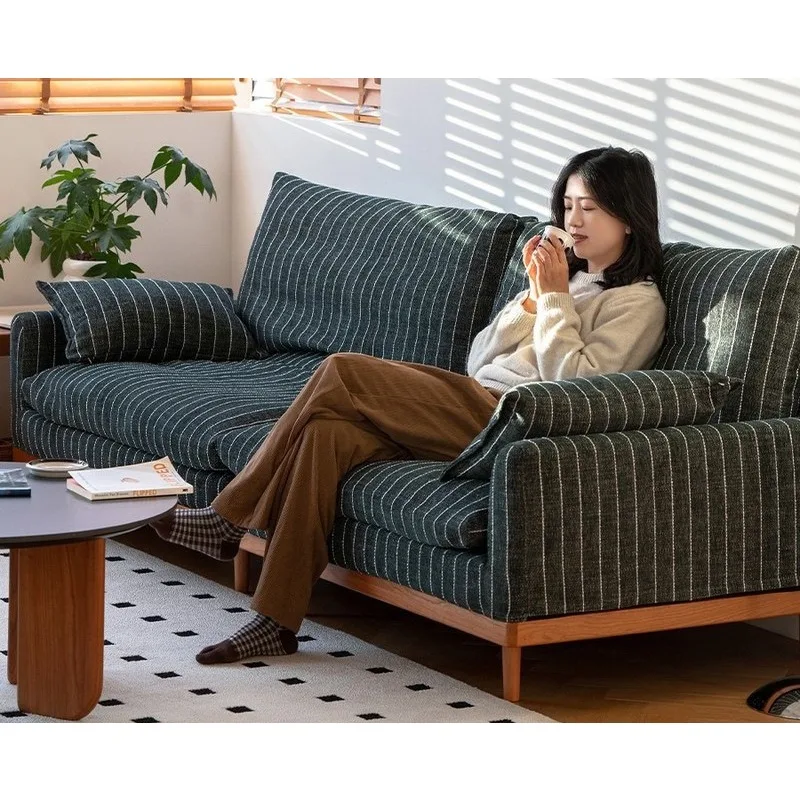 French retro sofa, simple straight solid wood removable and washable three-person striped sofa