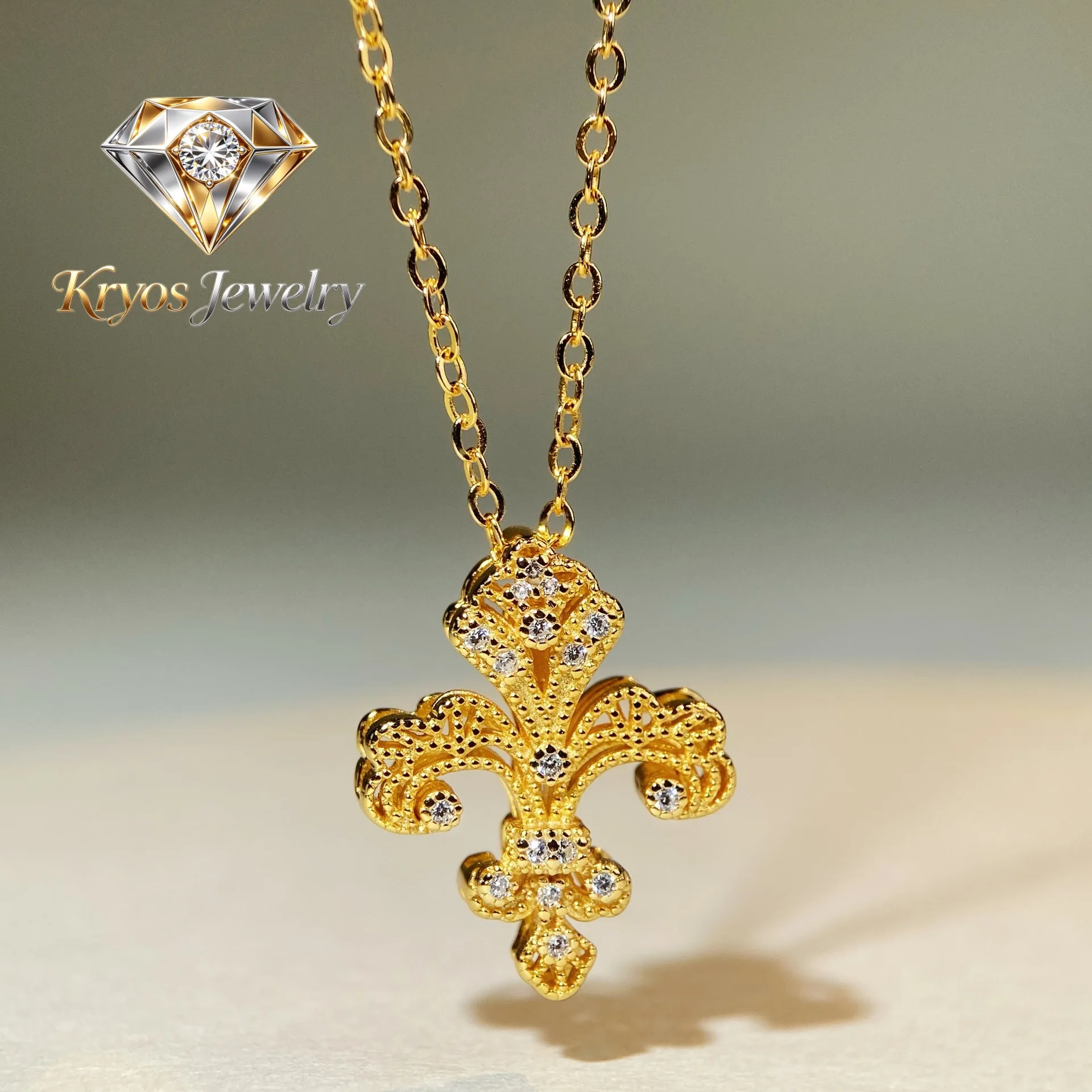 Kryos Jewelry Luxury 100% Real 18k Gold Women's Double-sided Iris Hollow Necklace Stud Earrings suit