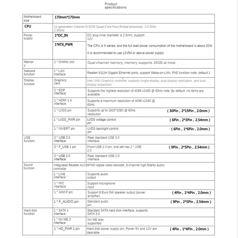 미니 ITX 산업용 마더보드, 11 세대 셀러론 N5105 쿼드 코어 4 스레드 프로세서, SATA3.0 지지대, 16GB RAM