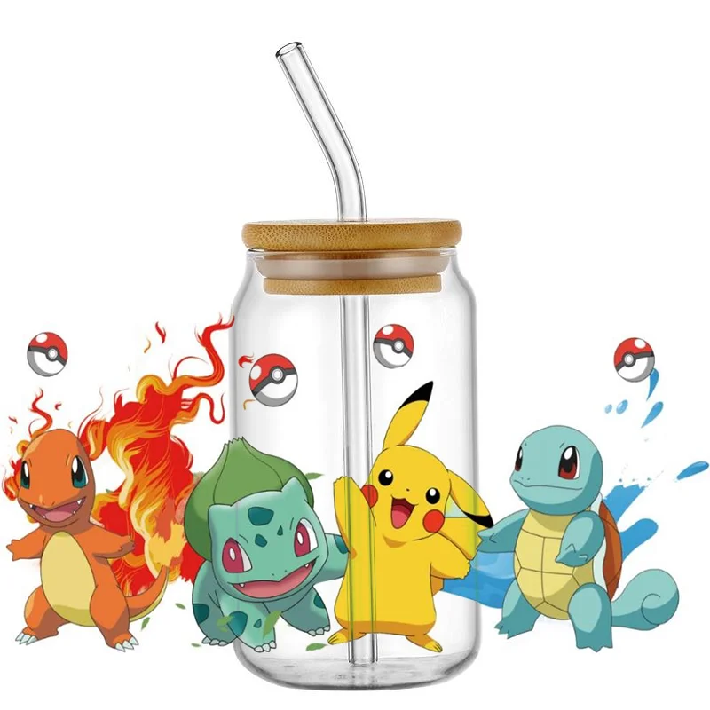 Miniso-3D Pokémon Decal, Adesivo De Transferência Lavável, UV DTF Cup Wrap para 16oz Libbey, DIY Dos Desenhos Animados