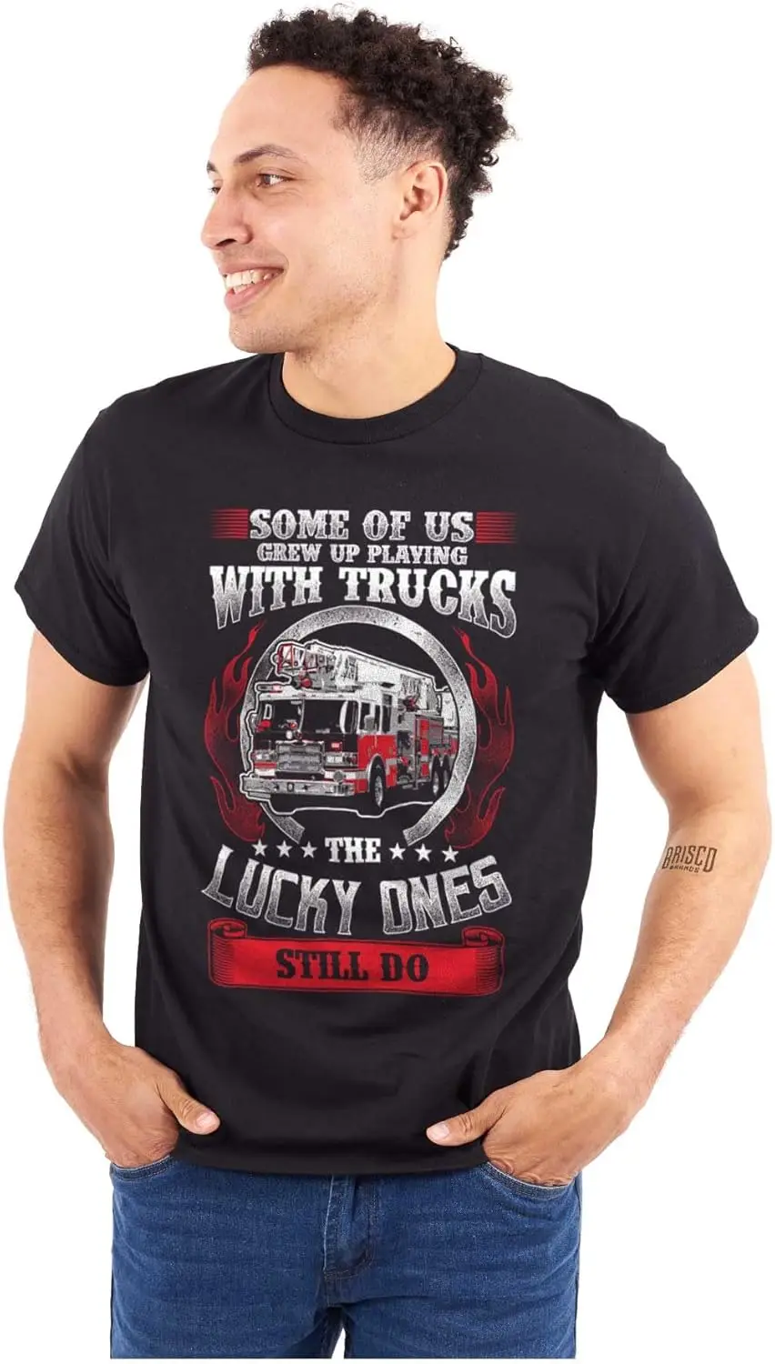 Brisco Brands Grew Up Playing Fire Trucks Lucky Mens Graphic T Shirt Tees