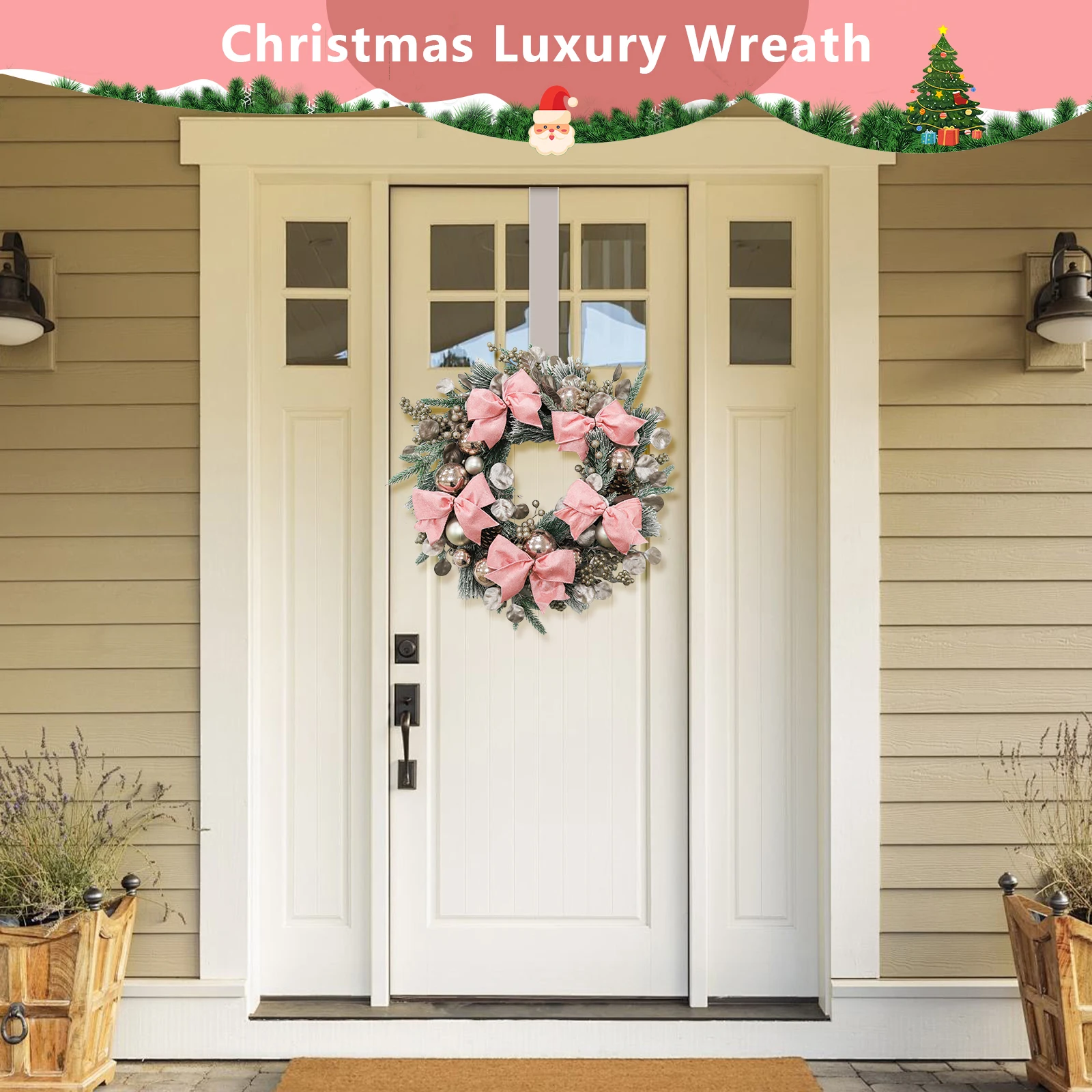 24-Zoll-künstlicher Weihnachtskranz mit rosa Schleife und bruchsicheren Kugeln, Feiertags-Fronttür-Dekoration für den Innen- und Außenbereich