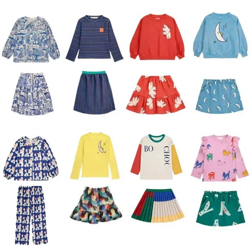 PER-SALE (Shipment in October) 2024 BC Autumn Kids Sweatshirts Girls Cute Print Skirts Baby Children Cotton Top Boys Shirts