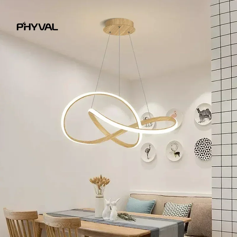 Nordic LED Pendant Lamp Anéis de grão de madeira Linha de alumínio suspensa Iluminação de escurecimento remoto para quarto principal e sala de estar