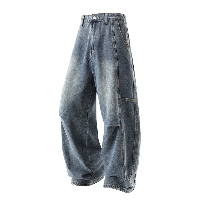 

Мужские джинсы-багги из выстиранного денима с высокой талией, широкими штанинами и декоративной строчкой, повседневные брюки в уличном стиле