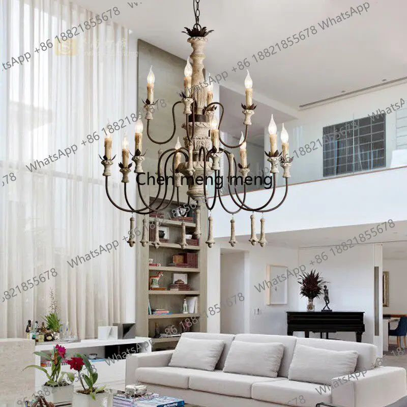 

American rural antique wood chandelier French living room old wrought iron double-layer dining room bedroom villa lamp