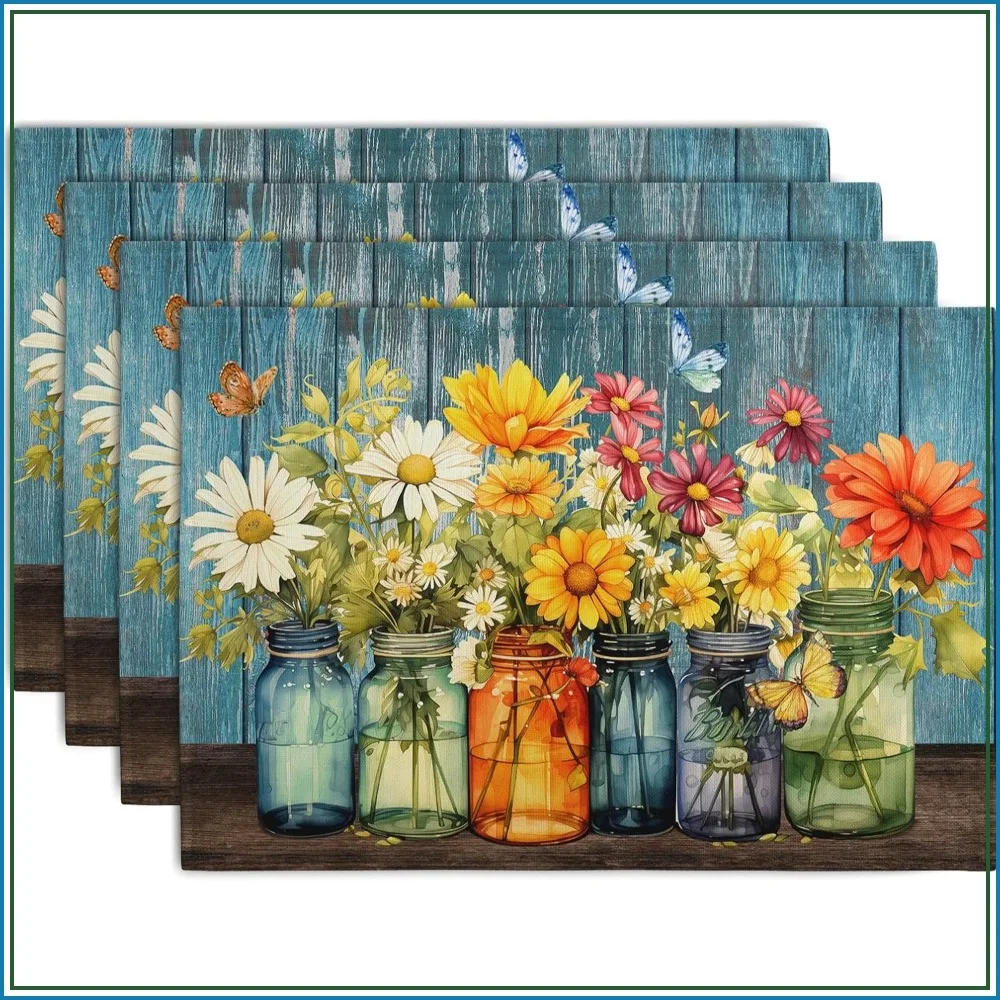 Rustic Daisy Placemats Set of 4, 12x18 Inch Linen Table Mats for Farmhouse Kitchen Dining