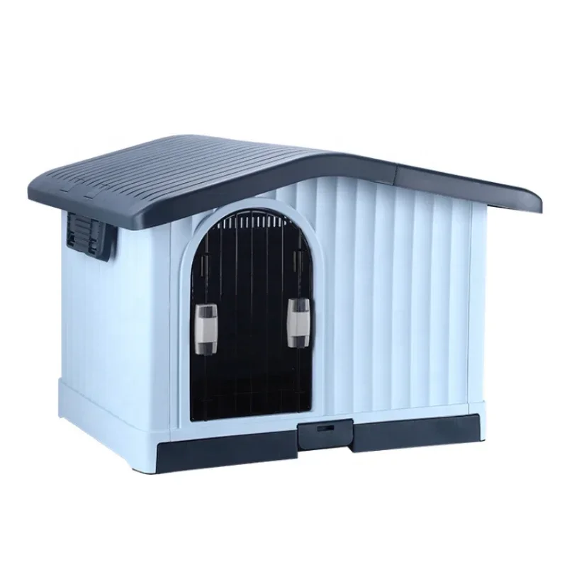 Large Plastic Dog House with Lift able Roof Indoor Outdoor Doghouse Puppy Shelter with Detachable Base and Adjustable Bar Window