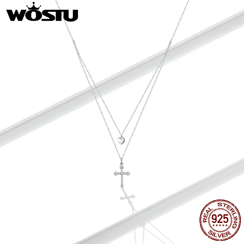 

WOSTU Sterling Silver 925 Cross with Heart Plated platinum CZ Pendant Necklace for Women Chain Necklaces Jewelry FNN197