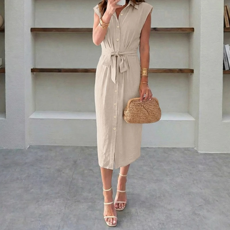 

European and American Summer Shirts and Skirts 2026 New Style Temperament Lace-up Waist Mid-length Dress for Women