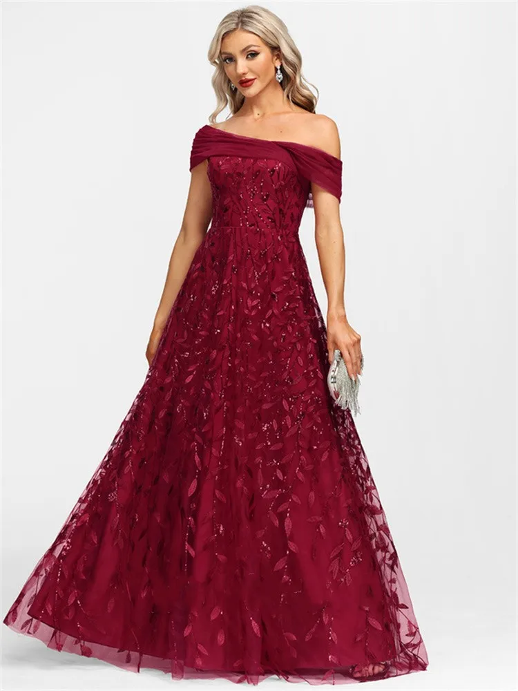 A-Line Asymmetrical Floor-Length Tulle Lace Evening Dress With Sequins Pleated Elegant Evening Prom Dress for Women Party Gowns