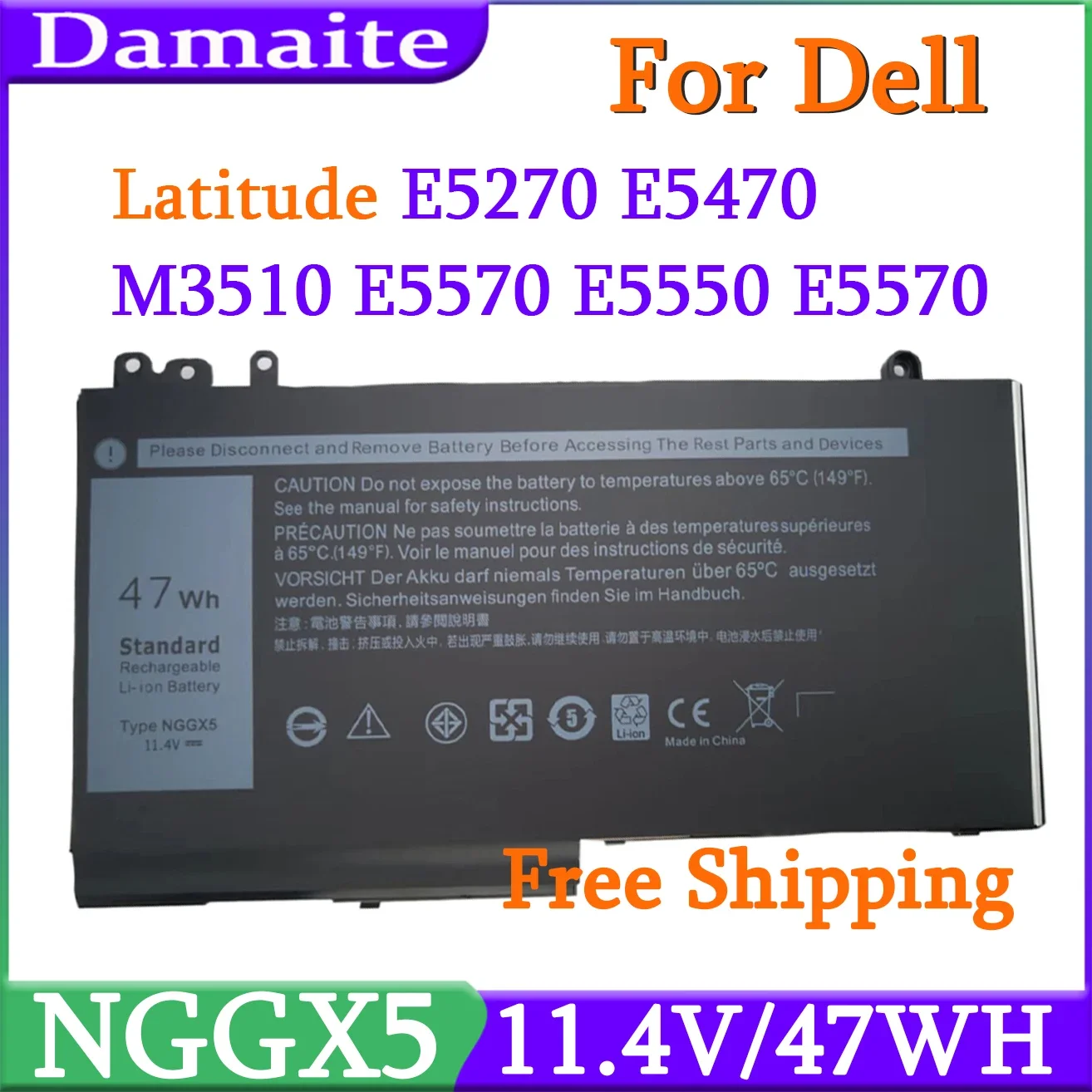 

NGGX5 11.4V 47Wh Laptop Battery For DELL Latitude E5270 E5470 E5570 E5550 E5250 Series M3510 JY8D6 954DF 0JY8D6 53VJ6 0RDRH9